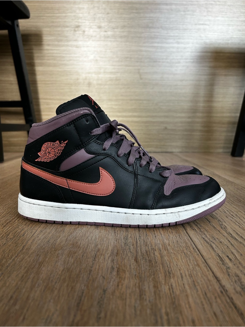 Men’s Jordan 1s Black and Mauve with Coral Swoosh